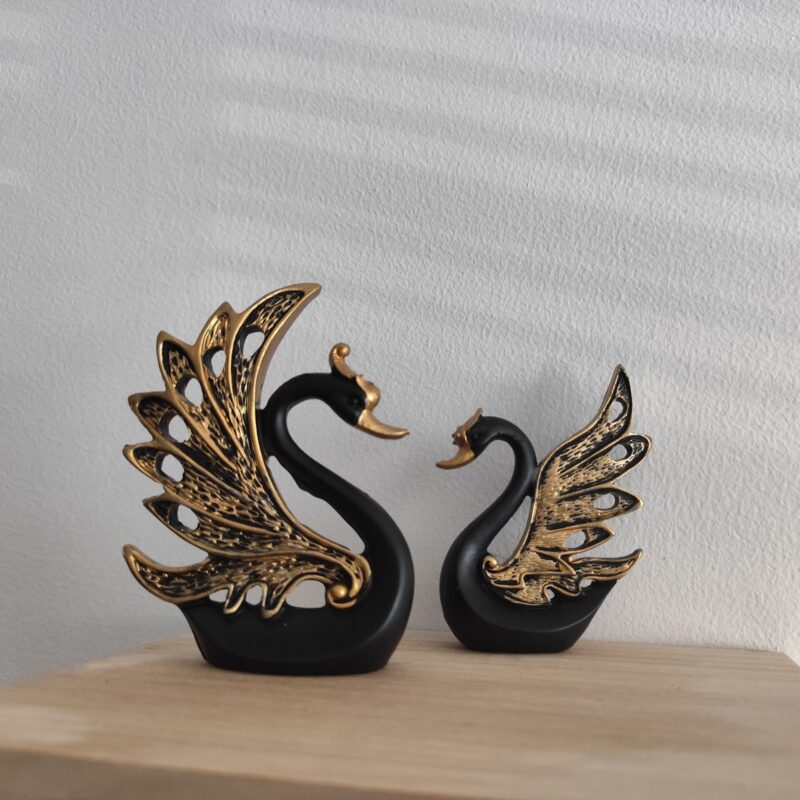 Black and gold decorative epoxy resin swan set with two handmade swan figurines