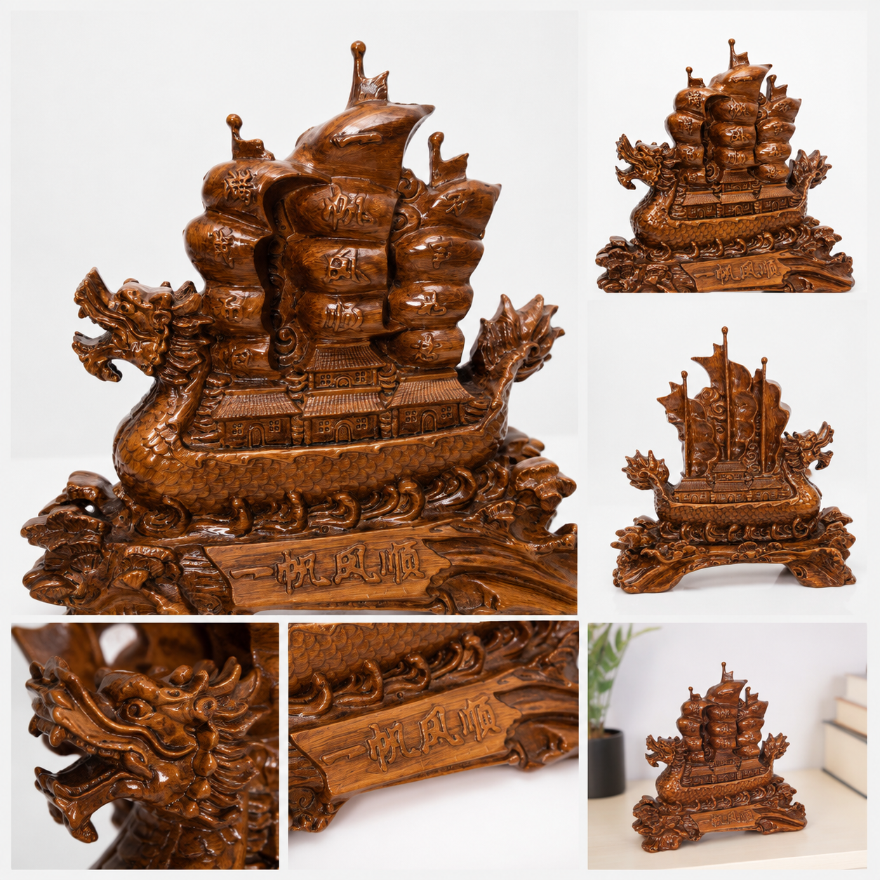 Dragon head detail of handcrafted Feng Shui Dragon Ship figurine