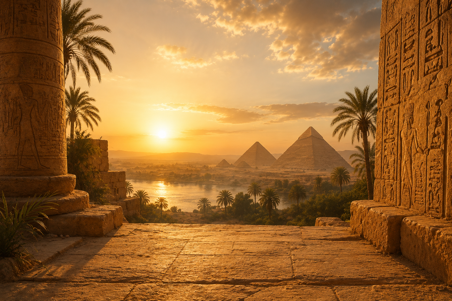 Ancient Egyptian temple overlooking the Nile and pyramids at sunset.