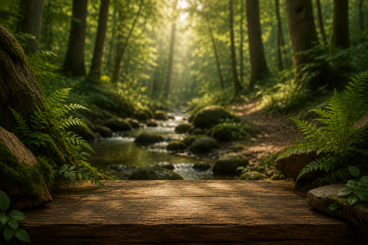 Peaceful forest with a flowing stream, mossy rocks and warm sunlight.