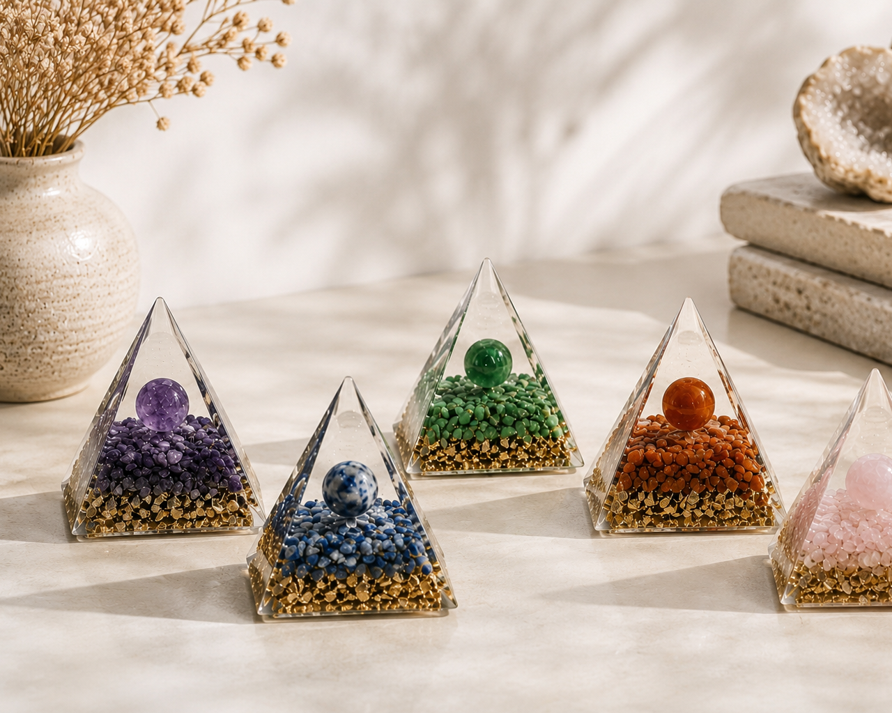 Colorful orgonite crystal pyramids with gemstones and gold accents