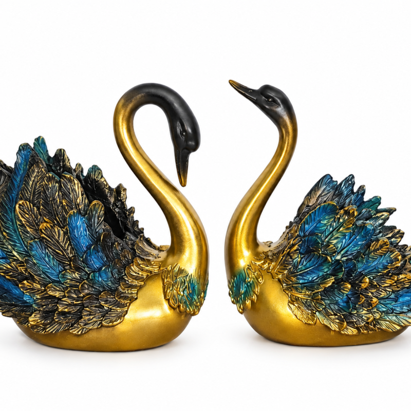 Elegant gold resin swan figurines with detailed blue, black and bronze feathers