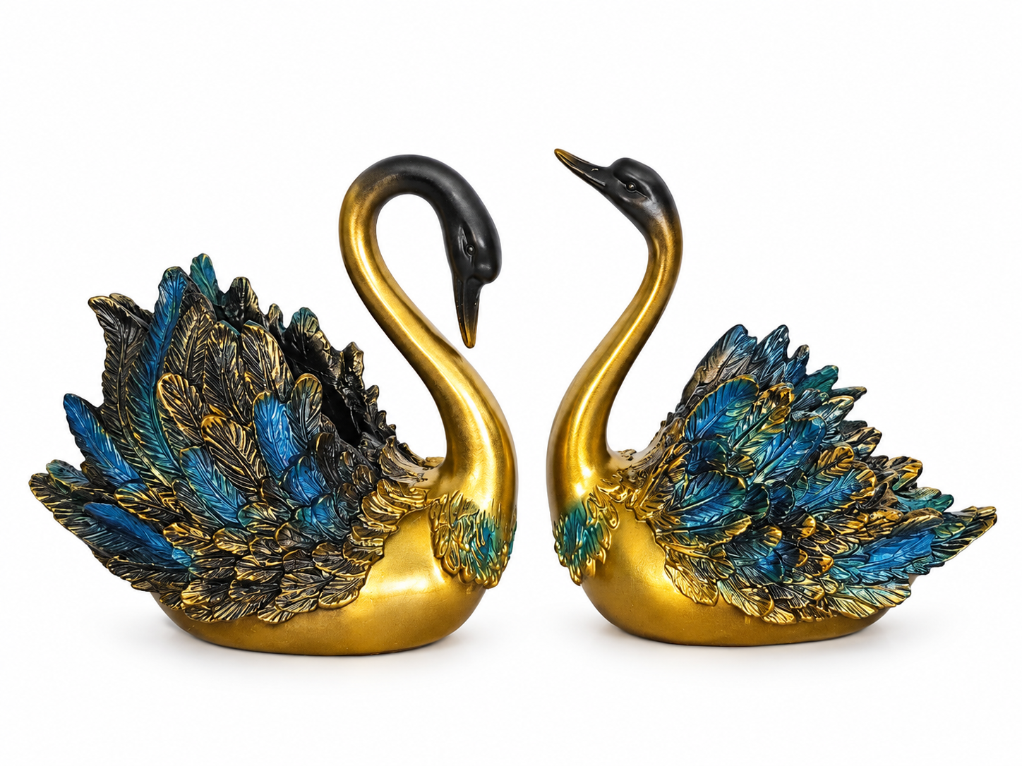 Elegant gold resin swan figurines with detailed blue, black and bronze feathers