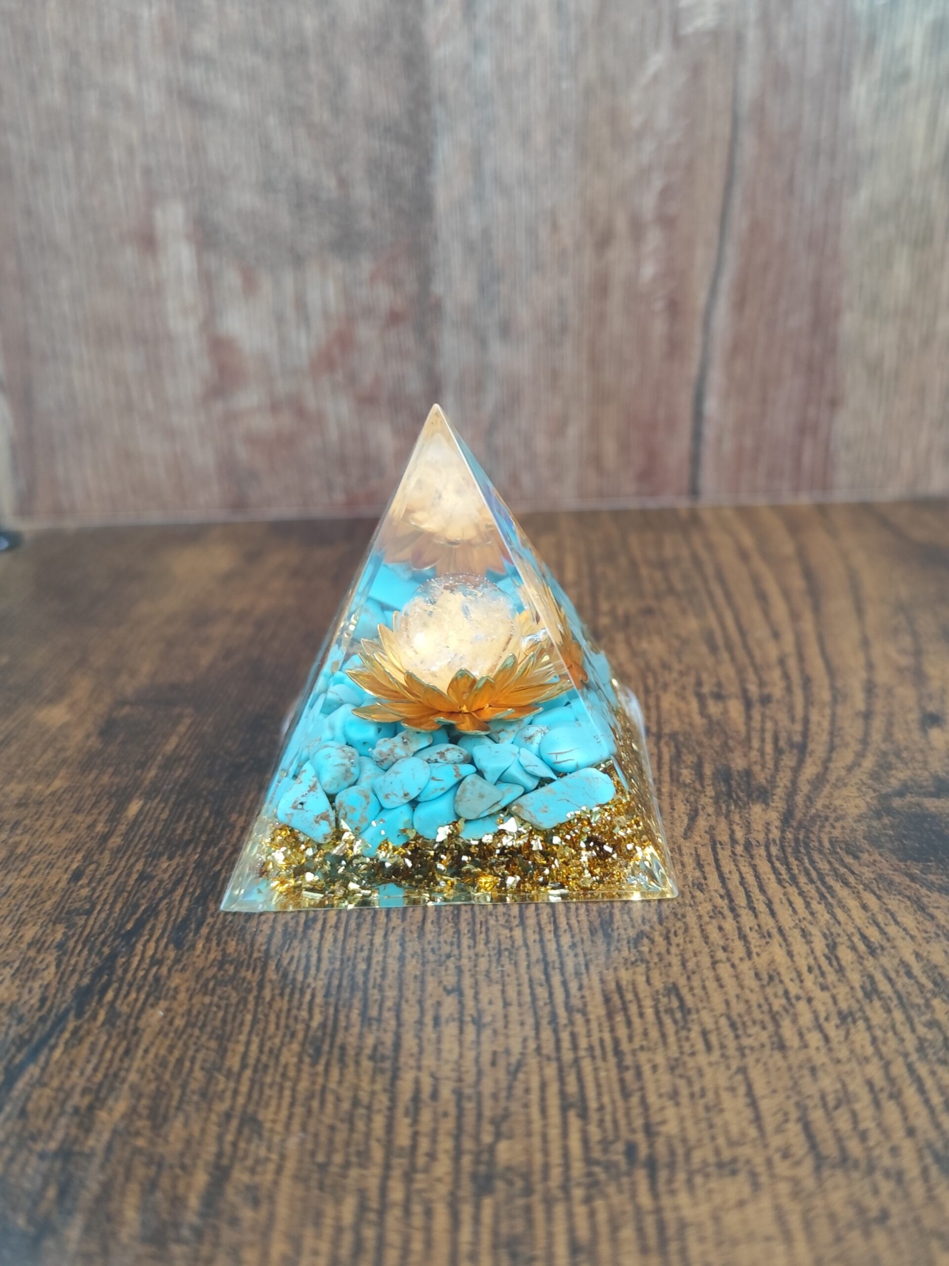 5 x 5 cm Golden Lotus turquoise orgonite pyramid with golden accents and seven kinds of crystal chips as a gift