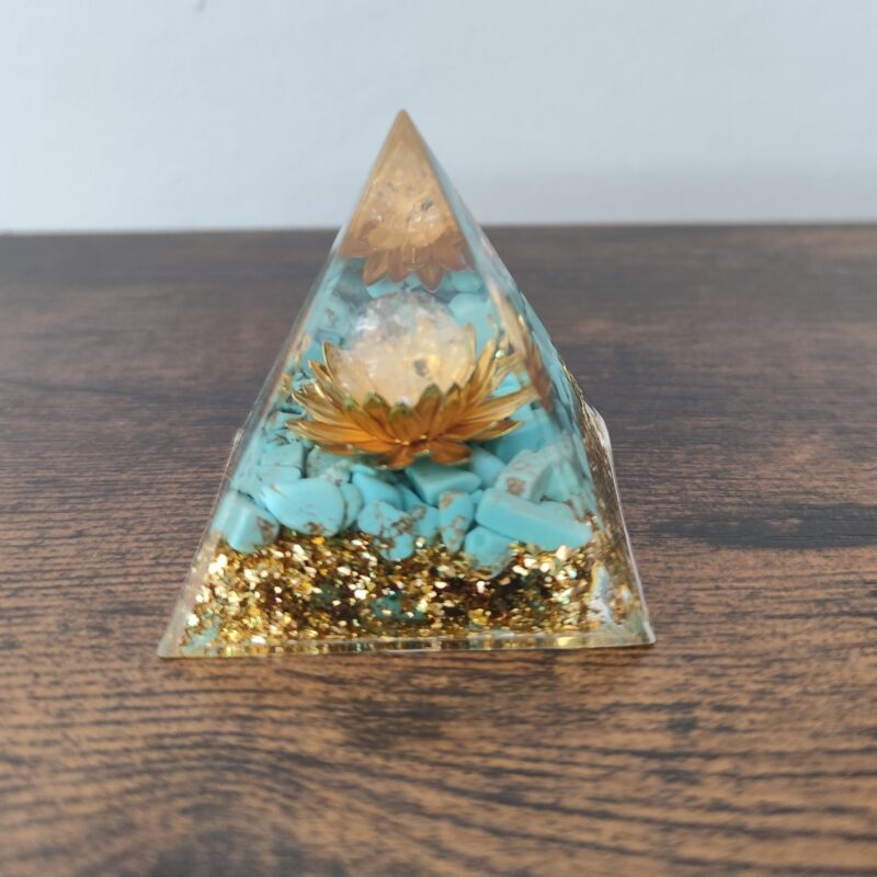 Golden Lotus turquoise orgonite pyramid handmade in resin with natural turquoise and golden details