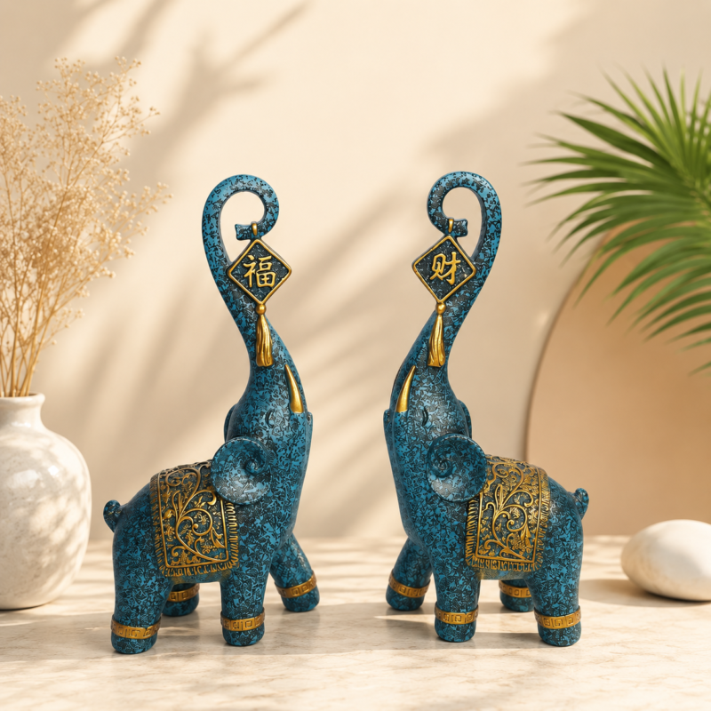 Teal and gold resin lucky elephant figurine set for good fortune and prosperity