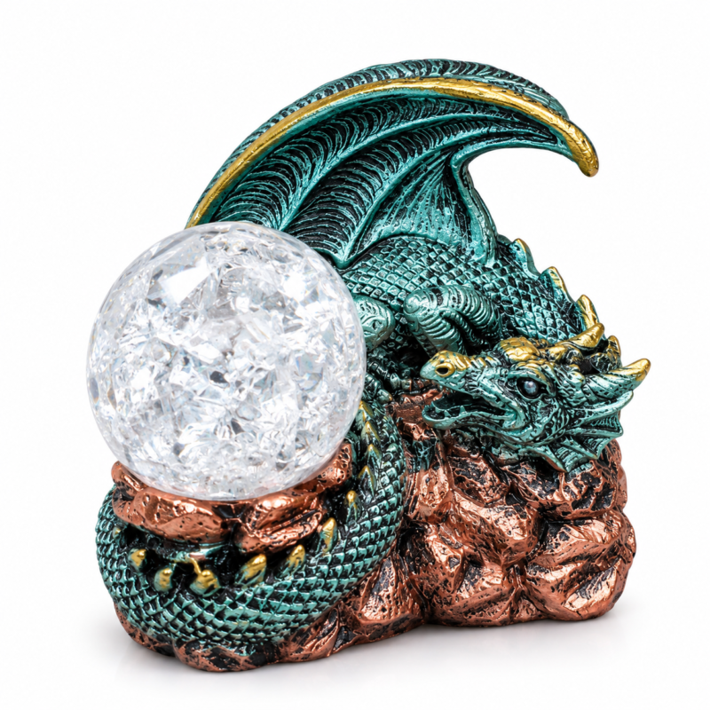Detailed resin dragon figurine with crystal ball, 10 x 11 cm