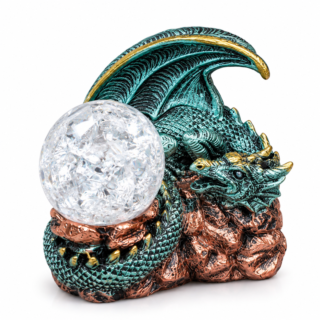 Detailed resin dragon figurine with crystal ball, 10 x 11 cm