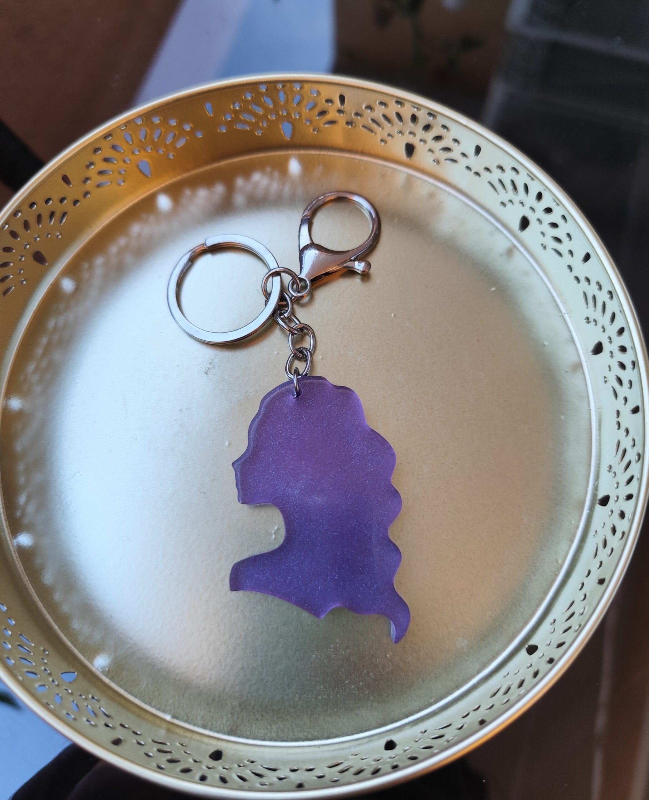 Handmade Virgo zodiac keychain in purple epoxy resin